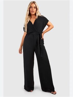 Boohoo Black Pleated Wrap Jumpsuit